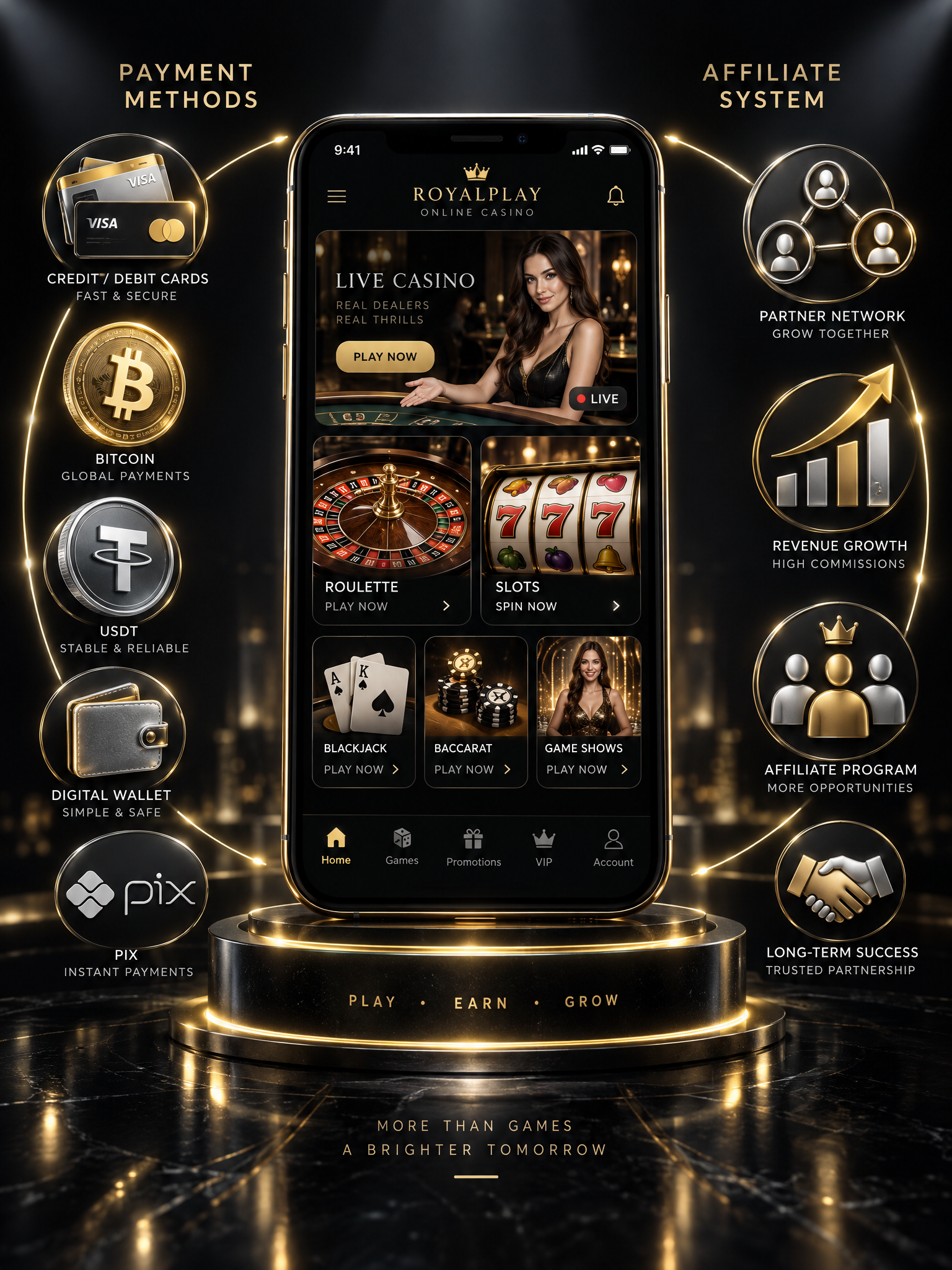 Online casino on mobile with payment methods and affiliate system
